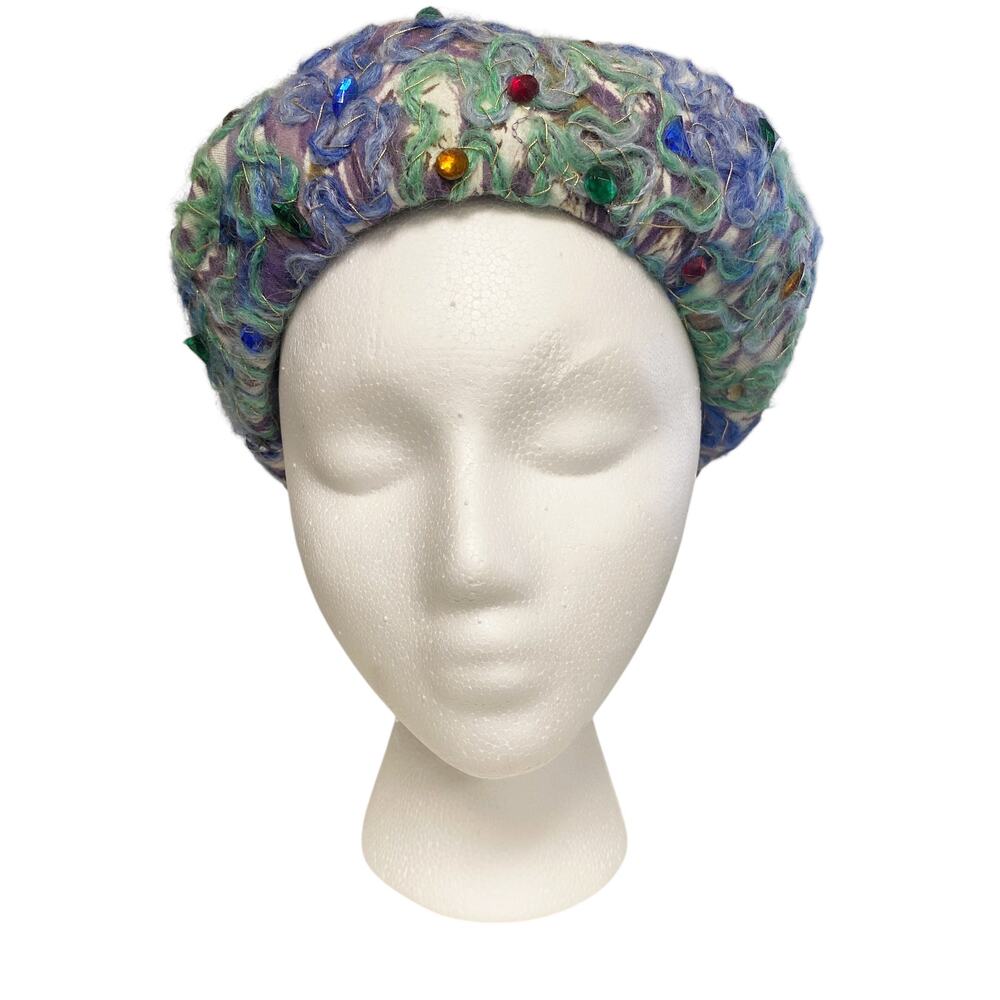 Vintage Gene Doris Colorful Blue Green Jewel Detail Pillbox Hat